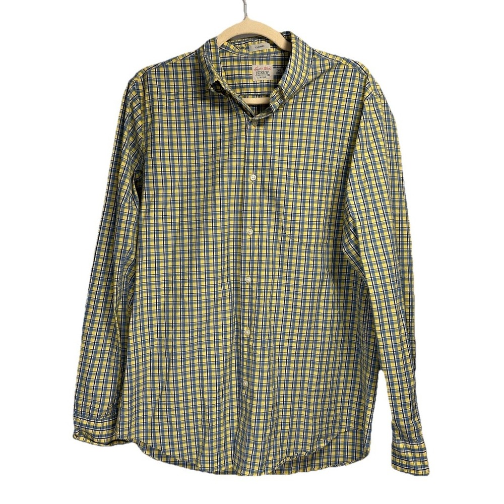 New J. Crew Secret Wash Shirt Men's Medium Blue Yellow Gingham Check Button Up